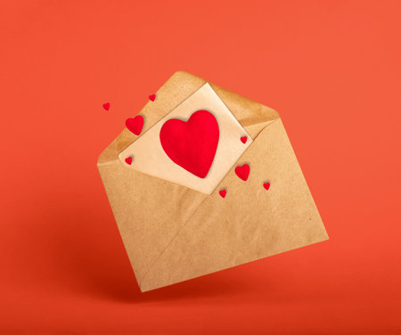 Vintage envolope and red hearts on red background.の写真素材