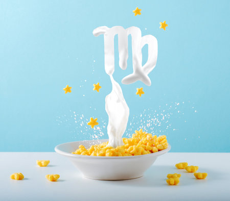 Zodiac sign Virgo made of milk levitates over breakfast plate of cornflakes and milk on blue background. Creative astrological postcard.の写真素材