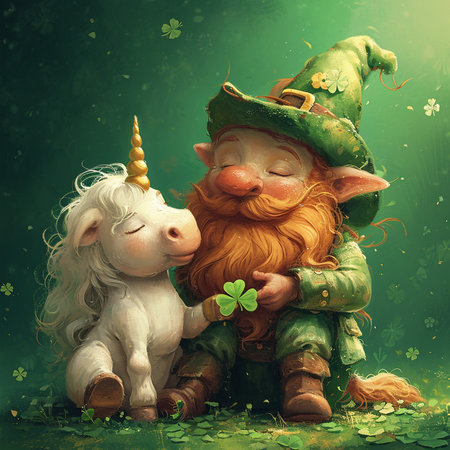Fantasy card for St. Patrick's day with leprechaun and unicornの素材