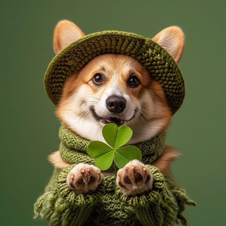 Cute corgi dog wearing green hat and holding shamrock on green backgroundの素材