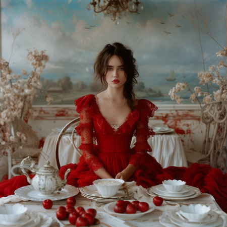 Beautiful brunette in red dress is sitting at settable in classic rich interiorの素材