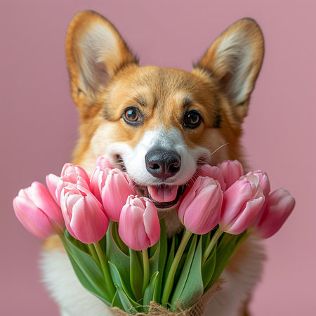 Cute corgi dog with pink tulips on pink backgroundの素材