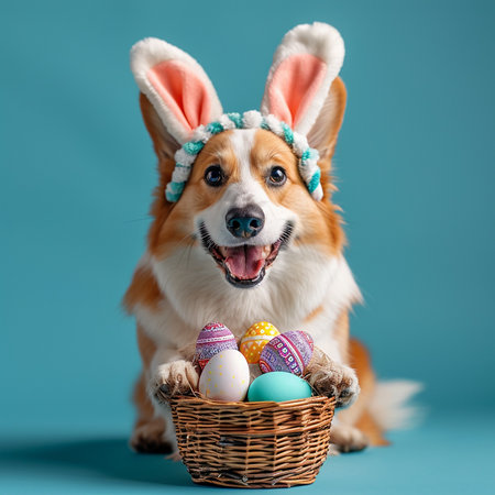 Cute corgi dog wearing bunny ears and holding wicker basket on blue backgroundの素材