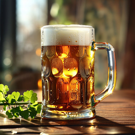 Beer glass and shamrock on wooden tableの素材