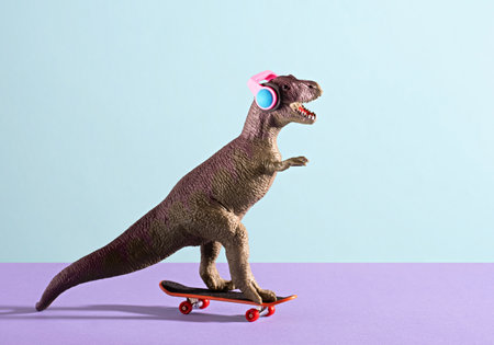 Cute dinosaur skates and listens to music on blue and violet background.の写真素材