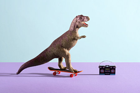 Dinosaur skateboarding and listen tape recorder.の写真素材