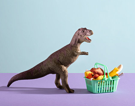 Dinosaur with shopping cart full of food on blue and violet background. Food shopping concept.の写真素材