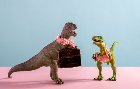 Cute dinosaurs with flower necklaces on pink and blue background.の写真素材