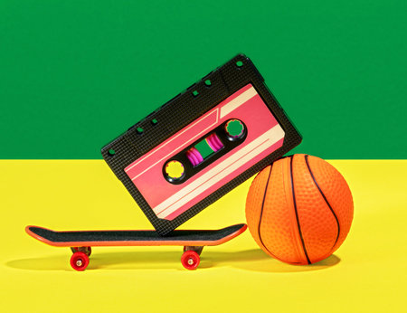 Creative still life with audio tape, skateboard and basketball ball on green and yellow background.の写真素材