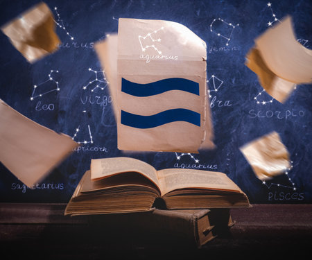 Zodiac sign Aquarius on old paper flying above old astrology books.