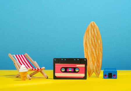 Beach party poster with audio tape. Creative still life.