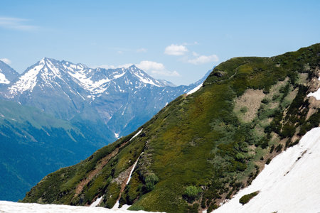 The Caucasus mountains landscape in spring.