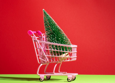 Shopping cart with evergreen tree on red green backgroundの写真素材