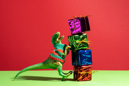 Happy green dinosaur in knitted sweater with stack of gifts on red green backgroundの写真素材