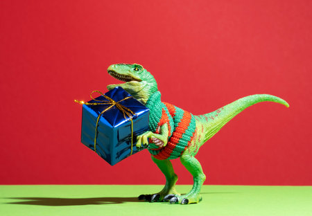 Cute dinosaur with blue foil present box on red green background.の写真素材