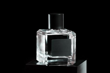 Glass perfume bottle on black podium on black background. Copy space.