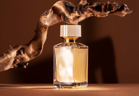 Presentation of perfume with wooden notes on brown background.の写真素材