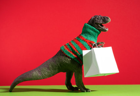 Cute dinosaur in knitted sweater with shopping bags on red and green background.の写真素材