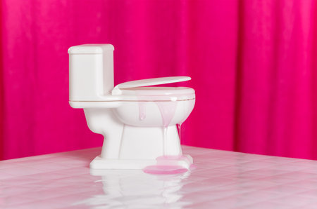 Toilet bowl and pink jelly leaking, creative flood concept. Common household problems idea.の写真素材