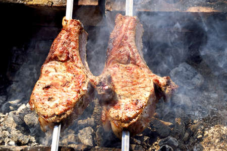 Barbecue meat close-up as food backgroundの写真素材