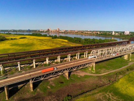 Drone view of the Memphis Arkansas Memorial Bridge,  Frisco Bridge and Harahan Bridge on Interstate...