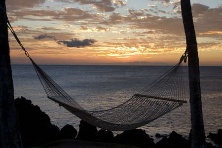 silhoutte of a hammock at sunsetの写真素材