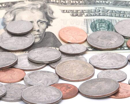 US coins and a twenty dollar bill