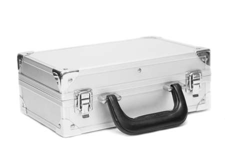 A hard metal case with plain sides, isolated on a white background.の写真素材