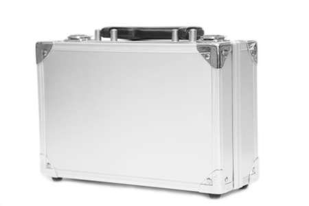 A hard metal case with plain sides, isolated on a white background.の写真素材