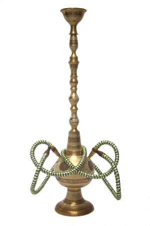 A traditional hookah (os Sheesha) pipe, in bronze, isolated on white.の写真素材