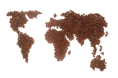 A world map made from roasted coffee grains, isolated on a white background.の写真素材