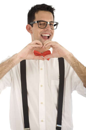 A young, caucasian nerd, in love, isolated on a white background.