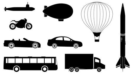 A set of vehicles such as cars, bus, truck, submarine and hot air balloon.のイラスト素材