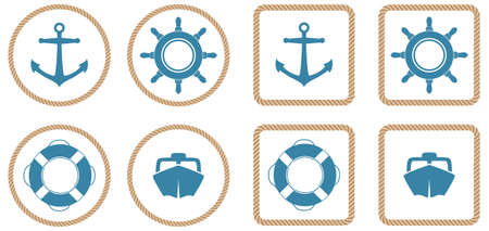 A set of 4 nautical icons or buttons with a rope outline.のイラスト素材