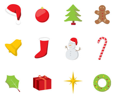 A set with various Christmas icons such as stocking, candy, gift, gingerbread man and more.のイラスト素材