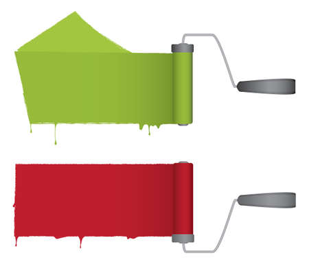 A pair of paint rollers with dripping paint. Red and green, and totally editable.のイラスト素材