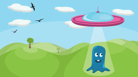 A cute little alien being abducted by a spaceship. No transparencies or gradients used in the image.のイラスト素材