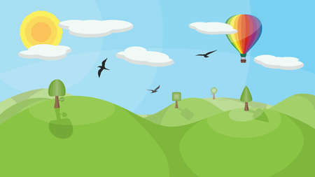 A landscape with mountains, trees, birds, clouds and a colorful hot air balloon. No transparencies or gradients used.のイラスト素材