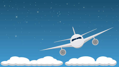 An airplane flying at night with clouds and stars.のイラスト素材