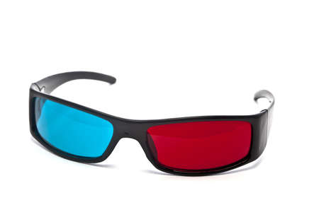 A pair of red-cyan anaglyph 3D glasses on a white background.の写真素材