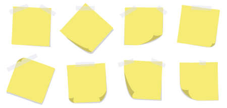 A set of 8 yellow sticky notes with adhesive tapes on a white background. Editable vector illustration.のイラスト素材