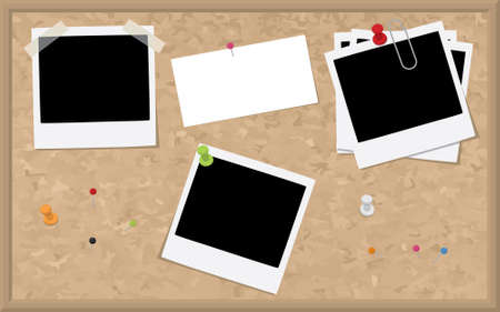 A cork board with blank design elements such as photographs and a business card.のイラスト素材