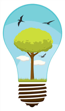 A lovely vector of a tree, grass, clouds and birds inside a light bulb. Editable vector file in the .eps format.のイラスト素材