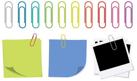 A set of colorful paper clips and some uses for them, like sticky notes and photographs.のイラスト素材