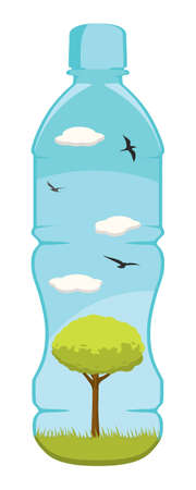 A lovely vector of a tree, grass, clouds and birds inside a small water bottle. Editable vector file in the .eps format.のイラスト素材