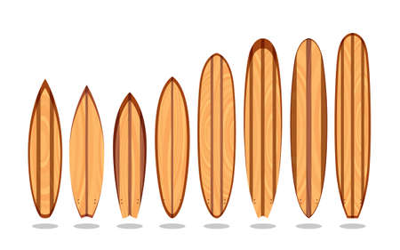 A set of wooden surfboards with different designs and sizes, in editable vector file.のイラスト素材