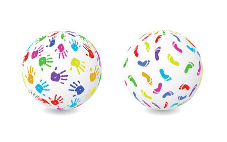 Two globes, one with colored footprints and another with handprintsのイラスト素材