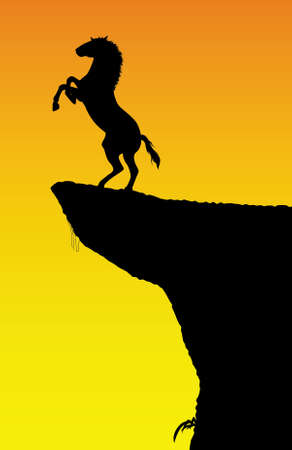 A horse rearing on a rock, at sunset. Editable vector illustration.のイラスト素材