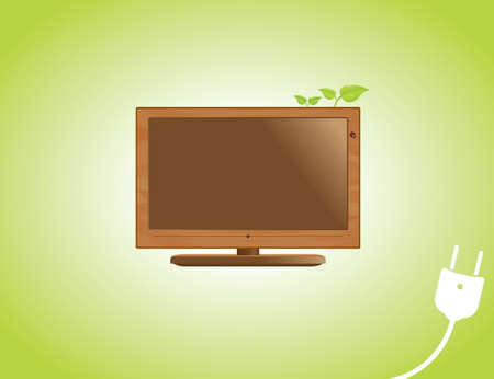 A LCD television with a wooden frame, leaves and a ladybug, on a green background.のイラスト素材