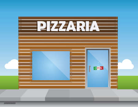 Shop front (pizza place) illustration, with shiny elements (no transparencies) and a bright blue sky.Editable vector file.のイラスト素材